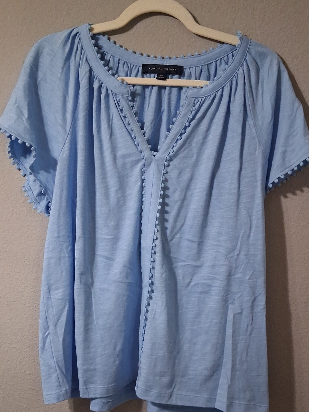 Tommy Hilfiger Pale Blue Pom-Trim V-Neck Short Sleeve Top